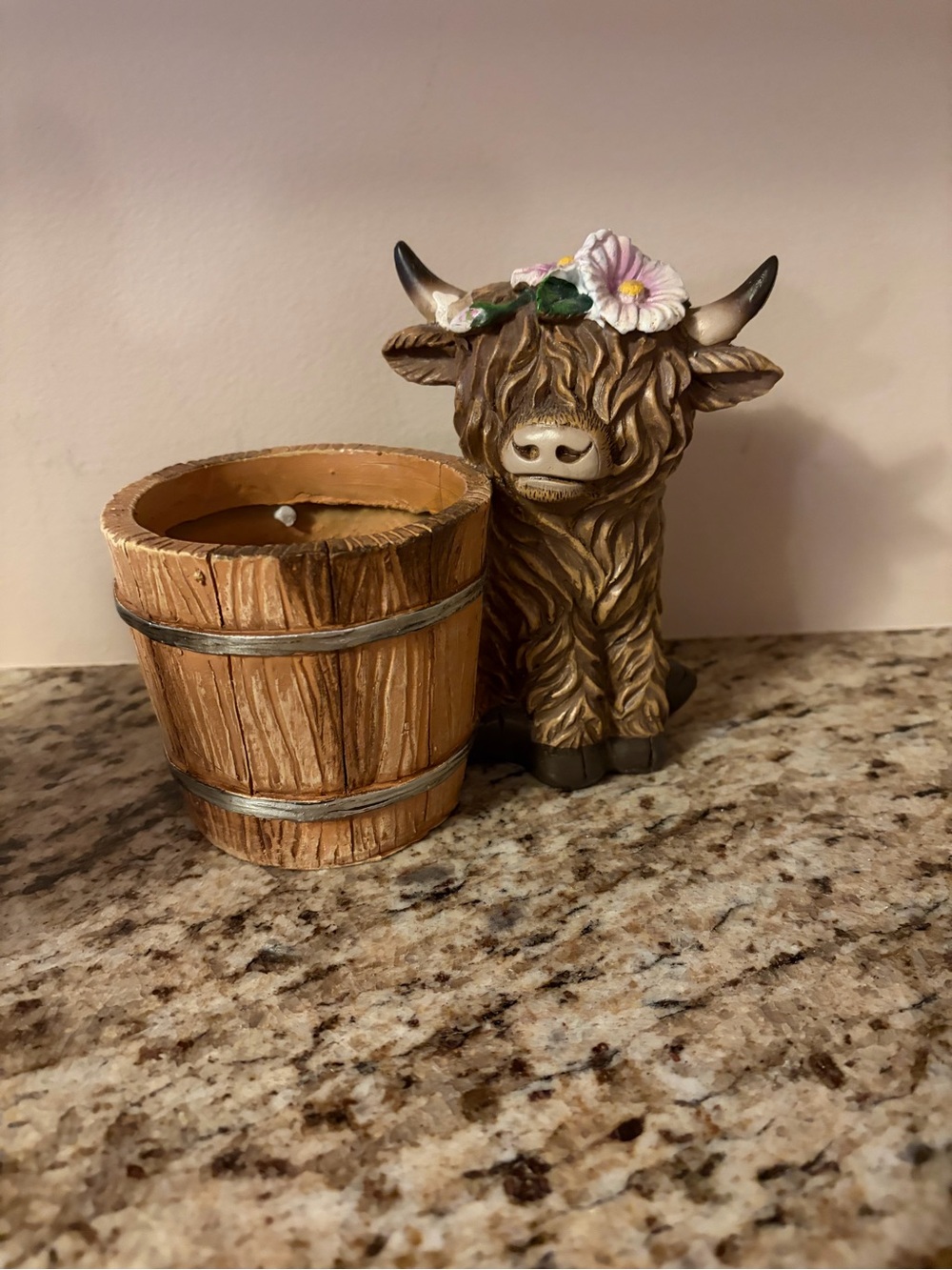 Hobby Lobby Brown Highland Cow Candle Planter with Floral Accents approx 5 1/2”